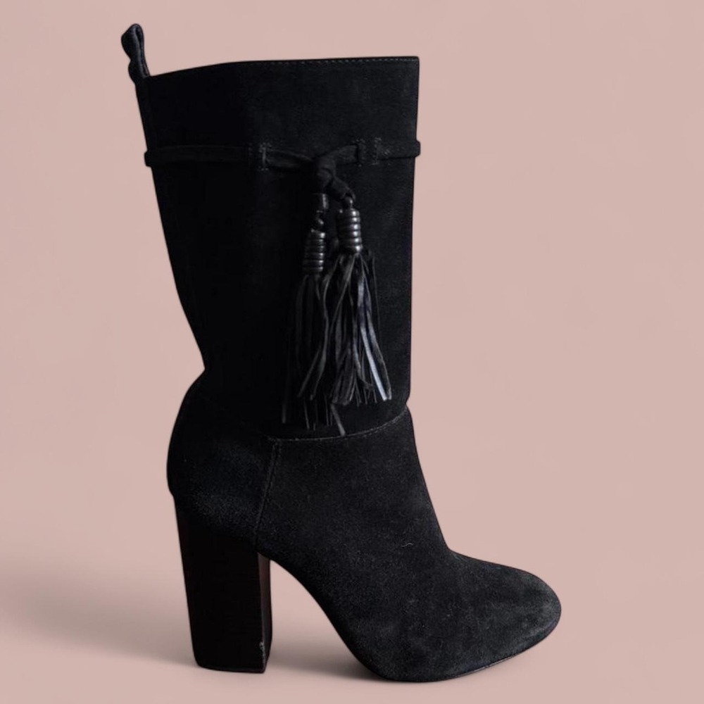 Vince Camuto Black Suede Tassel Boots Chunky Heel Retro Size 8.5